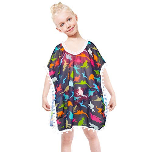 PASHOP Girls Cover Up for Swimwear Toddler Chiffon Beach Swimsuit Cover Ups Unicron Dinosaur Coverups with Pompom Tassel