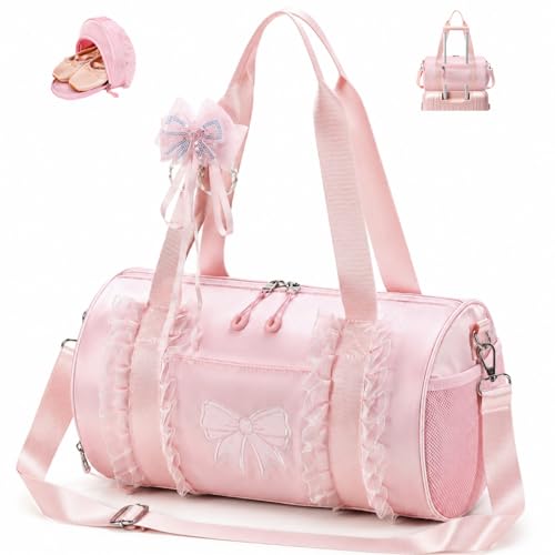 CAMTOP Girls Dance Duffle Bag with Shoe Compartment Ballet Gymnastics Bag for Girls 4-6 Toddler Travel Overnight Sports Bag with Strap Cute Ballerina Gift (Pink)