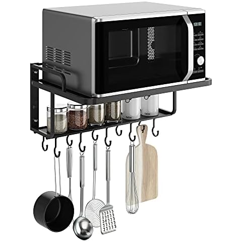 AcornFort® K-102 2 Layers Black Aluminum Alloy Microwave Bracket Oven Rack Stand Kitchen Shelf Holder Walll Mounted Hanging With 10 Hooks Cover