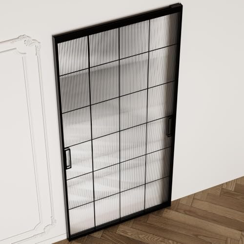 Image of Opening Size 26 inch -30 inch x 72-85 inch H Fluted Glass Barn Door, Concealed Sliding Barn Door with Soft Close, Waterproof Modern Sliding Door for Bathroom /Kitchen Privacy, 5 /16 inch(8mm) Tempered Glass, Black