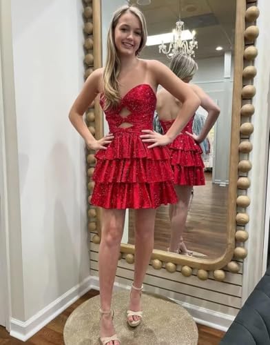 Sequin Strapless Homecoming Dresses Short Prom Dress Cut Out Sparkly Tiered A-Line Cocktail Party Gown UU2134