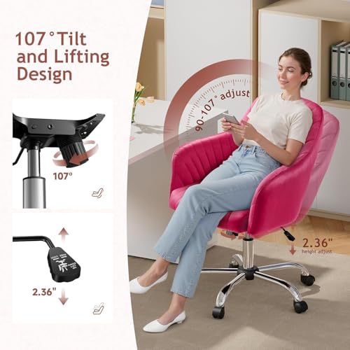 Image of AZAKEE Velvet Office Chair with Wheels & Armrests - Mid-Back Swivel Desk Chair for Home Office, Study, Bedroom & Vanity - Adjustable Height, Comfortable & Stylish (Barbie Pink)