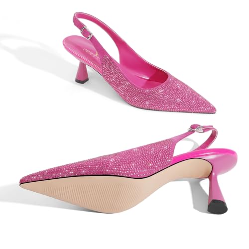 Image of LOCERICH Women's Kitten Heels Slingback Low Heel Dress Shoes Closed Toe Pumps Rhinestone Pointed Toe Sparkly Sling Back Bridal Wedding Party