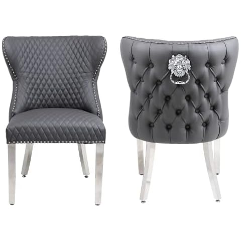 ASR INTERIORS Set Of 2 Dining Chairs Valentino PU Leather Chair Luxury Tufted Lion Head Knocker Modern Chairs Grey Cover