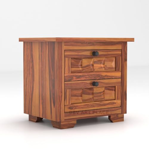 Image of Solid Sheesham Wood Bedside Table for Bedroom | Handmade Pure Wooden Bed Side Nightstand End Table with 2 Drawers Storage for Home & Bed Room | Rosewood, Honey