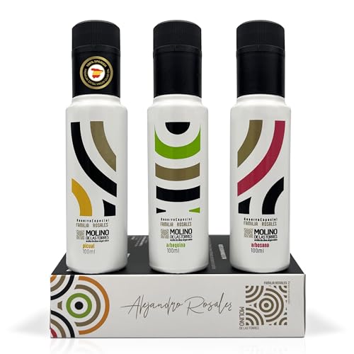 MOLINO DE LAS TORRES Aceite Oliva Virgen Extra Premium Estuche 3 Variedades Jaén Cosecha Temprana Octubre 2025 | Aceite Primera Prensada (3 X 100 ML, PICUAL,ARBEQUINA, ARBOSANA)