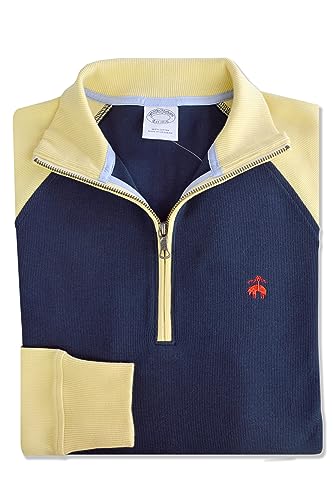 Brooks Brothers Men's Two Tone Cotton Mock Neck Half-Zip Sweater, Navy Blue/Yellow & Red