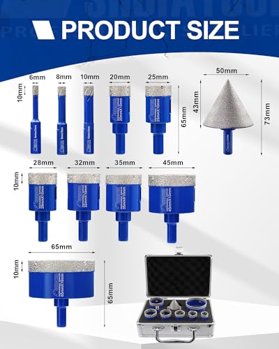 Image of SHDIATOOL Diamond Drill Core Bits Set for Porcelain,Triangle Shank Hole Saw Cutter for Tile Marble Ceramic Granite 11pieces(6 /8 /10 /20 /25 /28 /32 /35 /45 /65MM /2 inch)