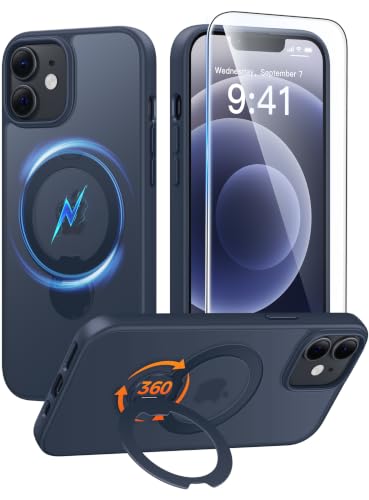 Image of FNTCASE for iPhone 12 Case: iPhone 12 Pro Phone Case [360 Spin Magnetic Stand] [Compatible with Magsafe] [Screen Protector] Translucent Matte Military Grade Shockproof Phone Cover - Deep Blue