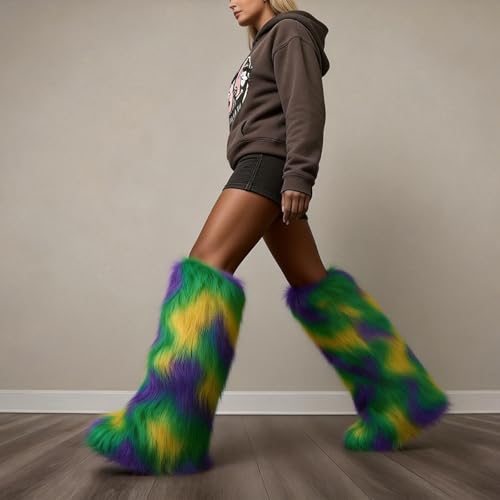 Image of Black Thigh High Fur Boots, Over the Knee Fluffy High Boots, Tall Furry shoes for Women