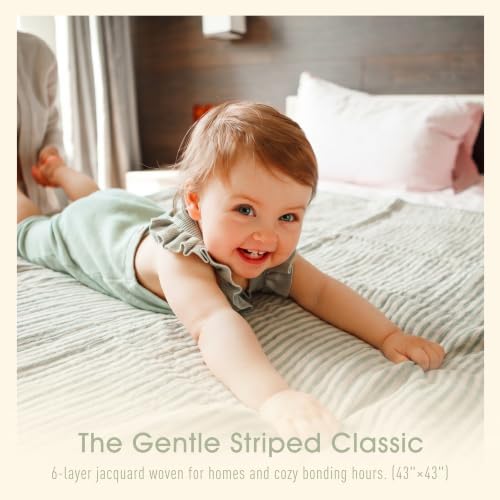 Image of Ultra Soft Muslin Baby Blanket - Made with Organic Cotton, Gender Neutral Sage Green Striped Jacquard, Swaddle & Crib Quilt, 43x43 Inches (Sage Green Stripes)