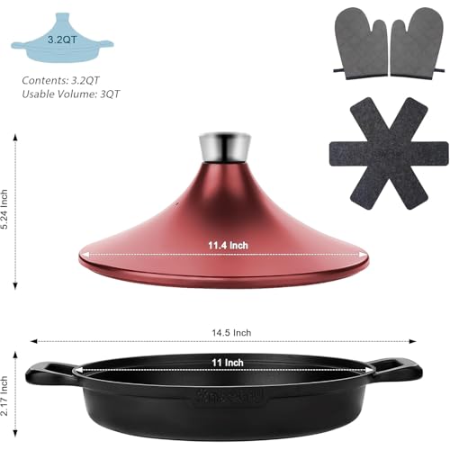 Image of Non-Stick Frying Pan /Skillet 11 inch, 3QT Tagine Pan,Cast Aluminum Pans with Lid, Stove /Oven-to-Table Cookware, Dishwasher Safe& Compatible with All Stovetops(Black Red)