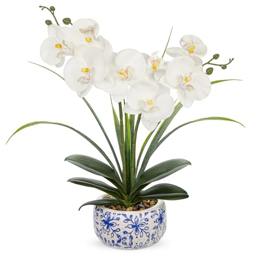Hollyone Artificial Orchid in Blue and White Porcelain, 45CM Fake Orchid Plant for Centerpiece, White Artificial Flowers with Ceramic Pot for Home Decor, Living Room, Shelf, Bathroom Decorations