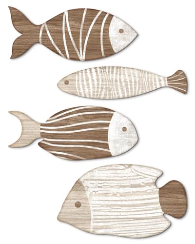 Putuo Decor Juego de 4 figuras decorativas de pared con aspecto de madera natural, color marrón, estilo marítimo, con líneas blancas, para baño, invitados, cocina, pasillo, mar