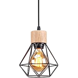 Lampara Pequeña Techo TOKIUS Lámpara Colgante Vintage 16CM Retro Lámparas de Techo Diseño de Jaula Negro Luz Colgante en Hierro Madera E27 Iluminación de Techo de Interior para Pasillo Comedor Dormitorio (Colgante 1 Luz)