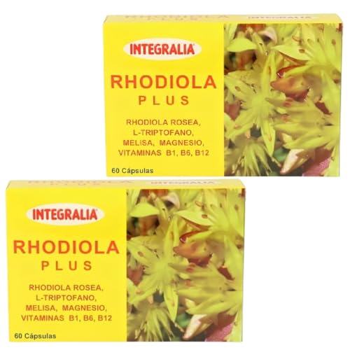 Integralia Rhodiola Plus - Pack Ahorro 2 x 60 cápsulas - Con L-Triptófano 375mg, Rhodiola Rosea 150mg, Melisa 40mg, Vitaminas B1, B6 y B12 - Ayuda al Funcionamiento Normal del Sistema Nervioso
