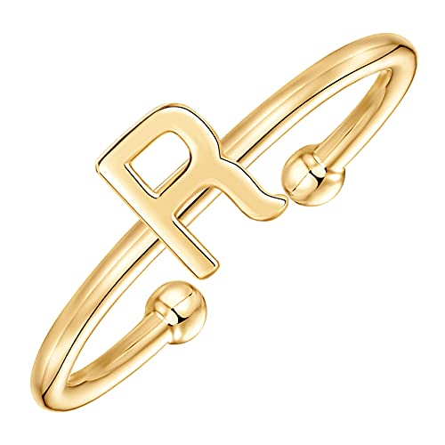 PAVOI 14K Yellow Gold Plated Initial Adjustable Ring - Women's Initial Ring - R Initial