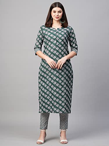 Image of GoSriKi Women's Cotton Blend Printed Straight Kurta With Pant