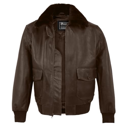 Desired Jackets Navy G-1 Real Leather Bomber Jacket Men Fur Collar Vintage Flight Aviator Leather Jacket Men (US, Alpha, XX-Large, Regular, Regular, Simple Brown Fur Collar)