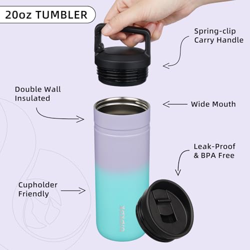 Image of BJPKPK 20 oz Insulated Travel Water Bottle, Coffee Tumbler Stainless Steel | Double Wall Vacuum, Leakproof, Thermal, Keeps Hot /Cold, Dishwasher Safe, Spill Proof, Wide Mouth, 2 Lids, Lavender Green