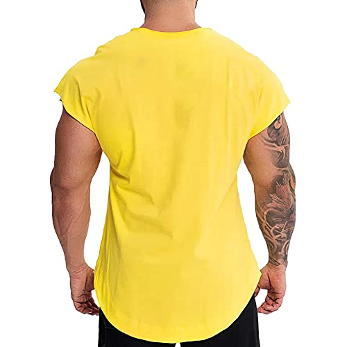 Hombres Camisetas de Cuello Manga Corta Corte Muscular Camisetas para Culturismo 100% algodón Lavado T1304 sueltoAmarillo S