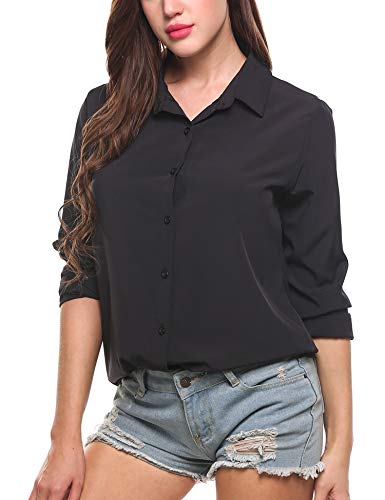 Zeagoo Office Shirts for Women Button Down Blouse Business Casual Long Sleeve Chiffon Tops T-Shirt Plus Size, Solid Black, Large