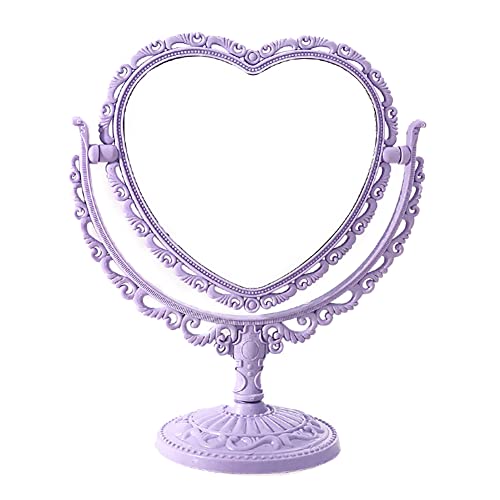 JIHUOO Heart Shaped Cosmetic Mirror - Tabletop Vanity Makeup Mirror with Swivel, Double Sided, Lightweight, Purple