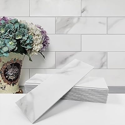 Avant Decor | 24 Tiles | Stone Composite Subway Stone Texture Tiles | Peel and Stick Kitchen Backsplash Tiles | Wall Tiles | 4” x 12” | Bex Metro Matte Calacatta | 8 sqft
