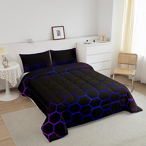 Image of Purple Blue Ombre Hexagon Comforter Set Full Size, Geometrics Honeycomb Bedding Set for Boys Girls Hexagonal Geometrical Blue Black Comforter Abstract Duvet Set Microfiber Bed Set