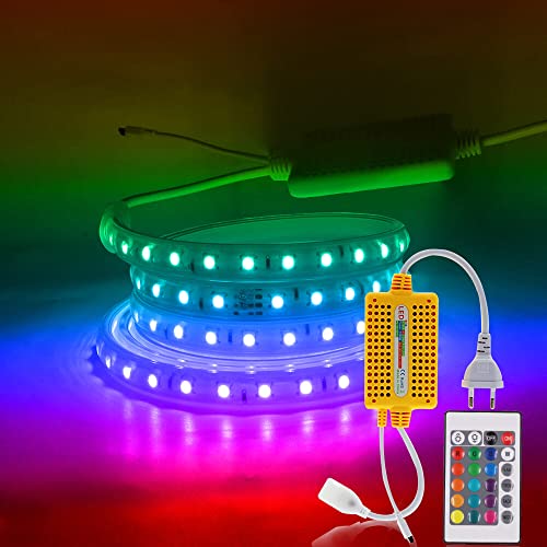 XUNATA Ruban à LED RGB 3M, AC 220V 5050 60leds / m IP65 étanche, Bande LED Haute Luminosité LED Strip Light avec Contrôleur étanche + Télécommande à 24 Touches