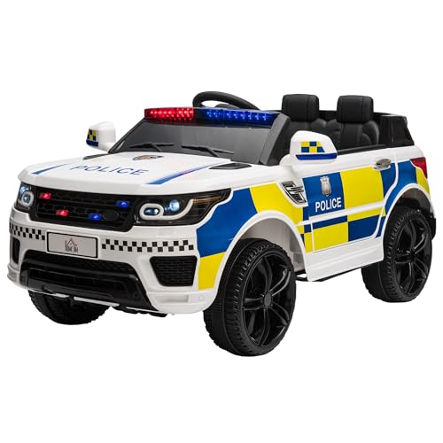 HOMCOM Coche Eléctrico para Niños de +3 Años Carro Eléctrico Infantil de Policía Coche de Batería 12V con Suspensión de Muelle Mando a Distancia Bluetooth Luz USB Sirena Blanco