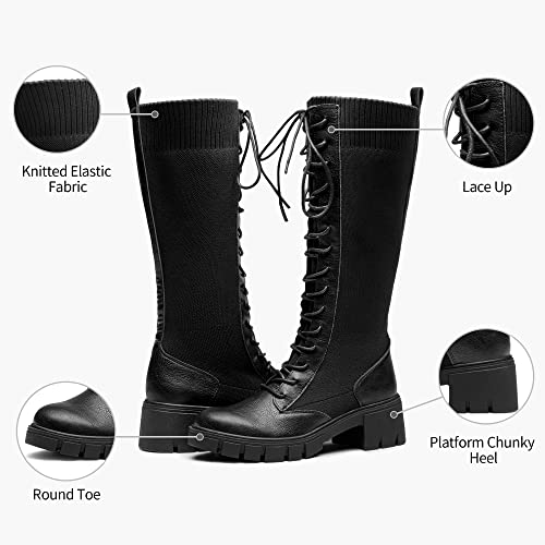 Jeossy Women's 9603 | Knee High Boots | Platform Chunky Heel Boots Lace Up Knitting Stretch Boot Black Size 9(Djy9603 Black 09) #TOP4