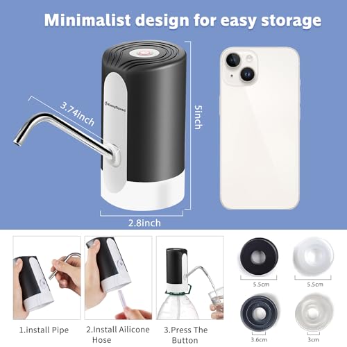 Easyspeed Water Dispenser, Electric Portable Water Tap Pump With 2 Adapters For 2-5 Gallon Bottles Jugs And Carafes, Usb Charging Automatic Drinking Water Dispenser For Kitchen Office Camping,Black - 8