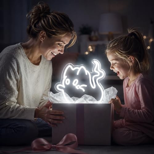 Image of White Neon Sign Led Neon Lights Signs for Wall Decor USB Powered Led Signs for Room Decoration-Ghost Cat