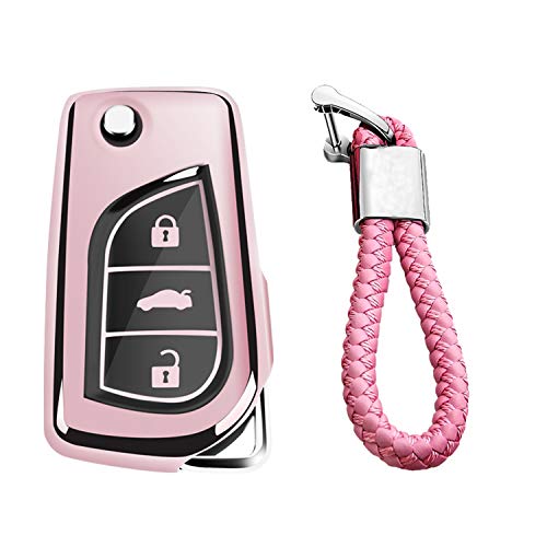 M.JVisun Soft TPU Case Cover Car Key Fob Cover for Toyota 4Runner Avalon Camry Corolla Fortuner Highlander Levin RAV4 Sequoia Sienna Tacoma Tundra Yaris Flip Key - Glossy Pink - Braided Keychain