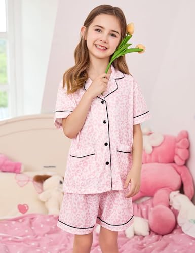 SWOMOG Girls Pajamas Set Kids Button-Down PJs 2 Pcs Soft Lounge Sets Summer Short Sleeve Sleepwear3