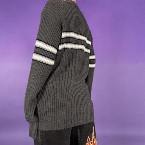 Women Vintage Striped Sweater Y2K Long Sleeve Crewneck Pullover Tops Grunge Oversized Knitwear4
