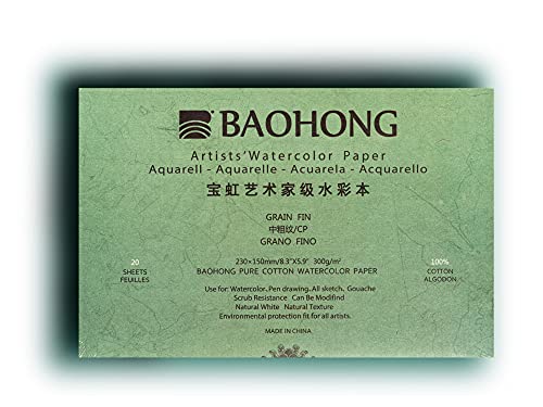 BAOHONG Artists Watercolor Paper Block (20 Sheets glued on Four Edges) 100% Cotton Acid-Free 140LB/300GSM Watercolor Art Supplies for Wet Dry and Mixed Media Painting (Cold Press 8.3X5.9)
