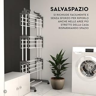 VertiSlim Dry Stendibiancheria Verticale 4 Livelli Stendino Salvaspazio - Stendipanni a Torre in Acciaio Inossidabile - Richiudibile con Ruote e Ali Laterali - Colore Grigio per Interno Esterno
