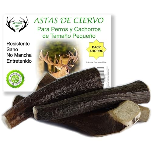 ARTISAN GIFT CO Asta de Ciervo para Perros, Masticables Naturales de Cuernos para Cachorros y Adultos. Talla S - 4 unds. Peso Total Pack más de 200 gr