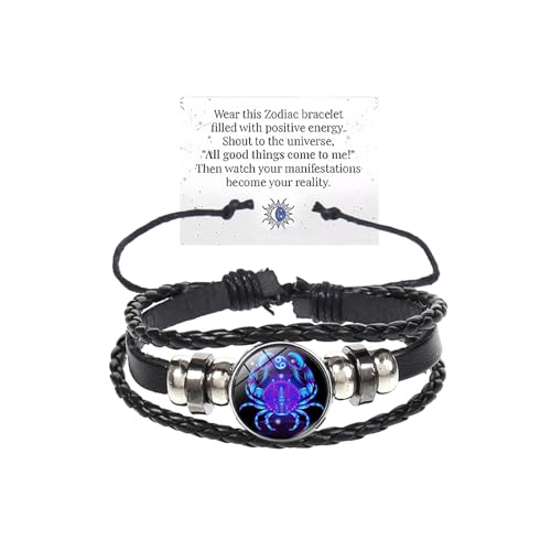Atiptu Zodiac Signs Spirit Bracelet Multilayer Adjustable 12 Constellation Zodiac Leather Bracelets for Women Men Handmade Woven Glow in the Dark Zodiac Jewelry for Constellation Lover