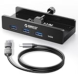 ORICO USB Hub, Aluminum USB 3.0 Hub Clip with 5V Power Supply Connection, 5Gbps 4 port USB Distributor with 3 USB-A 3.0 and 1 USB-C 3.0, 3.3Ft Cable (C to A/C), for Monitors Black