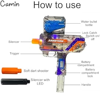 Camin Gel Blaster Gun | Automatic Ball Shooter | Safe & Non-Toxic | Fun Outdoor Toy for Adults | Electric Operated | Ideal Birthday & Return Gift (Uzi Transparent with Light, 20K Gel Balls)