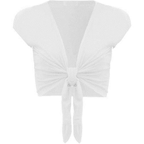 Womens Short Sleeve Plain Front Tie Bolero Top Cropped Cardigan Shrug (M/L, White)