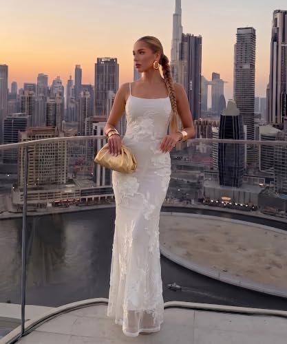 Curvphilo Women's 3D Embroidery Satin Floral Mesh Bodycon Maxi Dress White - image 8