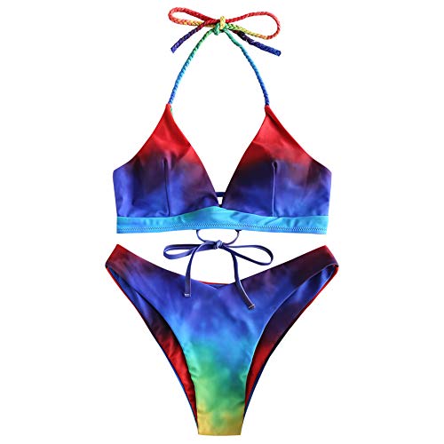ZAFUL Swimsuits for Women Braided Halter Tie Dye Rainbow Bathing Suits High Cut Swimwear Lace Up Bikini Multi-A M
