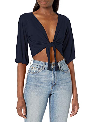Star Vixen Women's 3/4 Sleeve Tiefront Shrug, Navy Solid, S