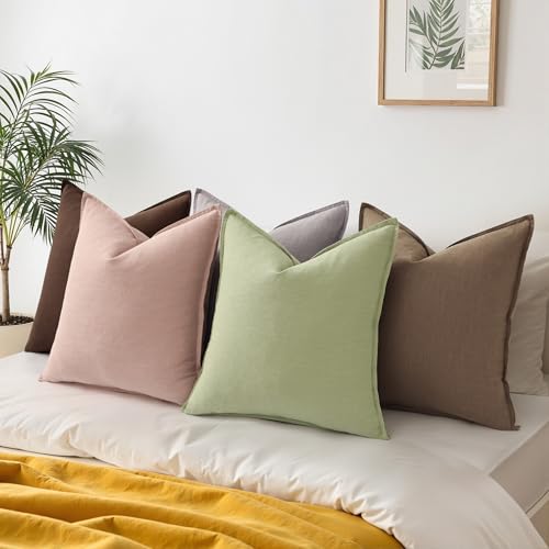 Image of decorUhome Summer Decorative Linen Throw Pillow Covers 16x16 Inch Set of 2 Light Brown Pillow Covers with Flange Edges Soft Farmhouse Boho Accent Pillow Cases for Couch Bed Living Room