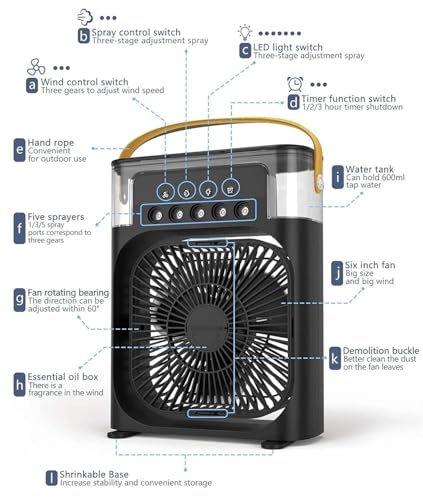 Image of Cooler for Room Cooling Mini AC Portable Mini Fan Artic Cooler with 7 Colors LED Light, 1 /2 /3 H Timer,Rotate 3 Wind Speeds and 3 Spray Modes for Office,Home,Dorm,Travel