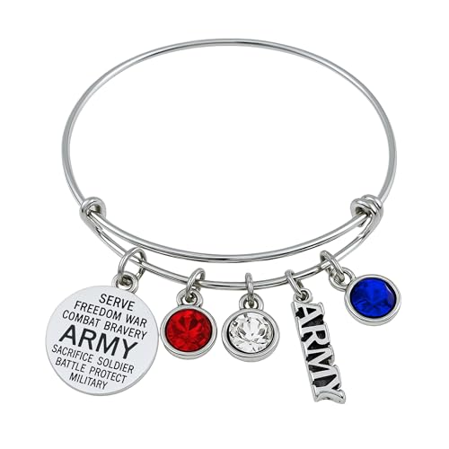Silver Stainless Steel Army Charm Bangle Bracelet – Red White Blue Rhinestone Bracelet for Mom Daughter Sister Niece Cousin – Military Appreciation Gift Jewelry for Women